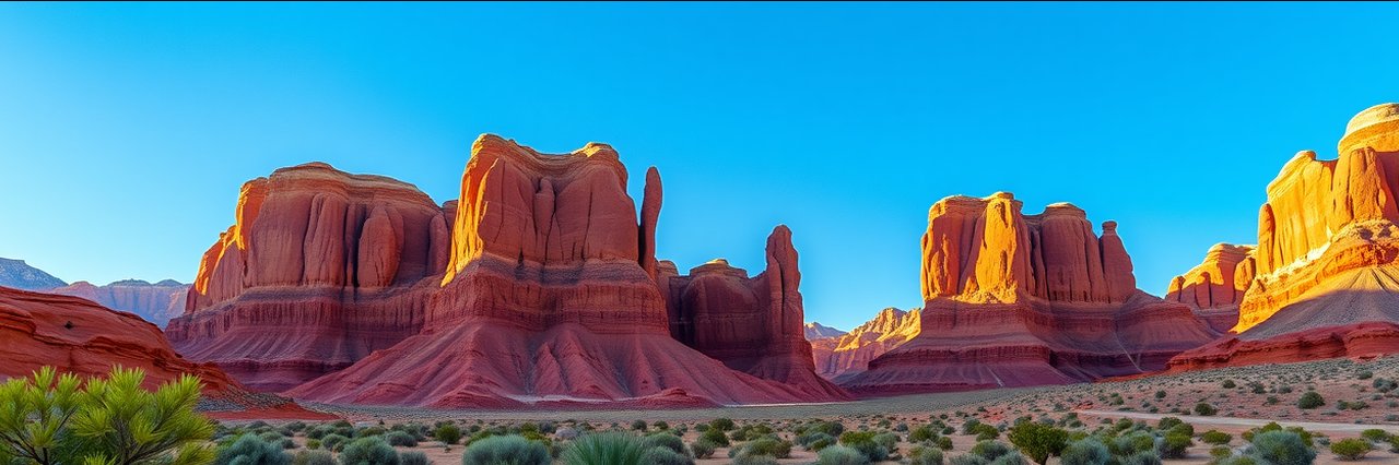 Expansive red rock landscape in Capitol Reef National Park under blue sky.