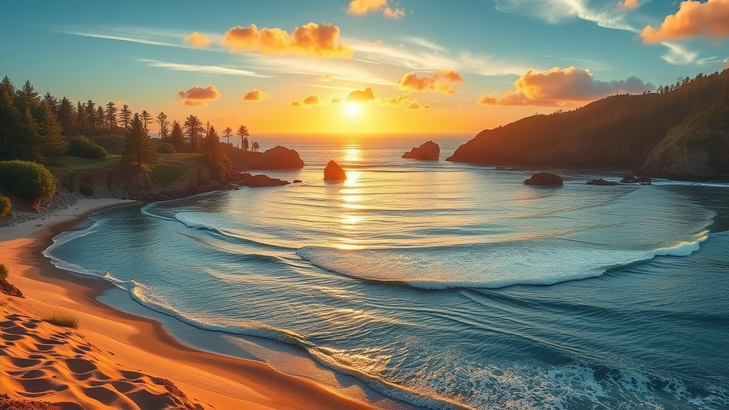 Scenic sunset at Sunset Bay State Park Oregon, showing crescent-shaped bay, lush pine trees, rugged cliffs, and soft beach sand at golden hour.