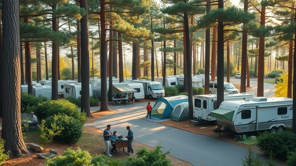 RV and tent camping scene at Sunset Bay State Park Oregon, tall pines, paved loops, families setting up camp, filtered sunlight.