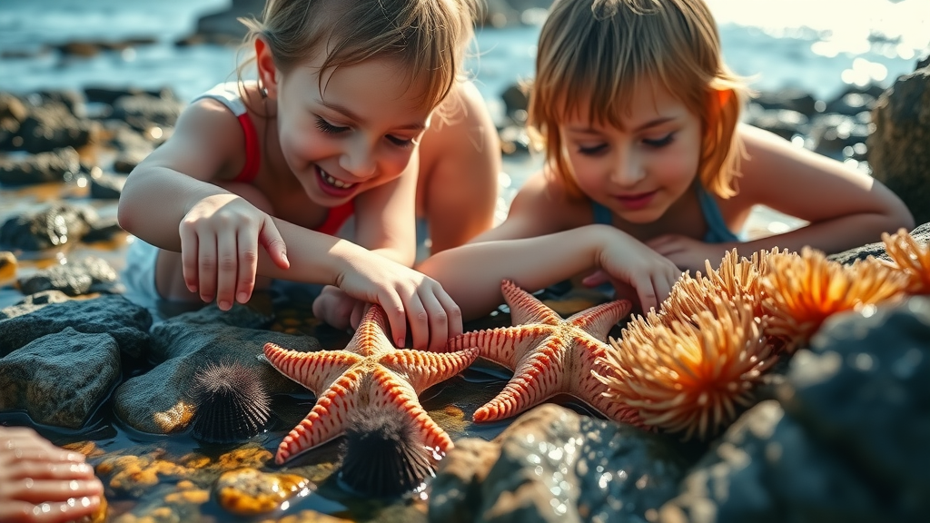 Families exploring tidepools at Sunset Bay State Park Oregon, close up of sea stars and anemones with ocean and rocky outcrops, sunlit vibrant marine life.
