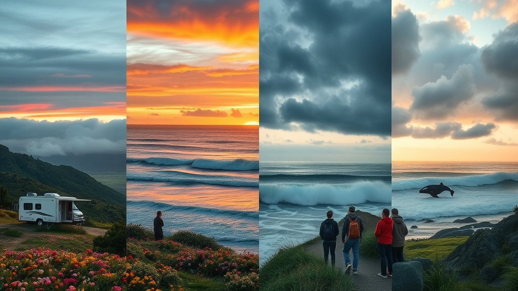 Seasonal scenes at Sunset Bay State Park Oregon, RVs in sunset, stormy winter ocean, spring wildflowers, fall whale watching on the coast.