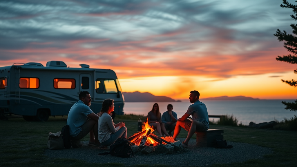 Family enjoying campfire with RV at Sunset Bay State Park Oregon at dusk, tranquil bay view, glowing firelight, distant headlands, warm orange and blue twilight.
