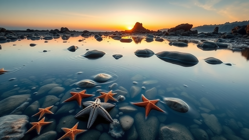 Serene tide pools at Sunset Bay State Park Oregon at sunrise, rocky shoreline with sea stars and anemones, tranquil photorealistic scene, rugged Oregon coast