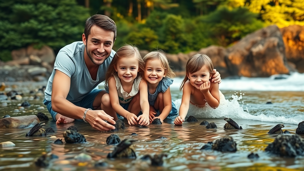 Happy family exploring tide pools at Sunset Bay State Park Oregon, green forested background, rocky beach and ocean, children observing marine life, photorealistic nature scene