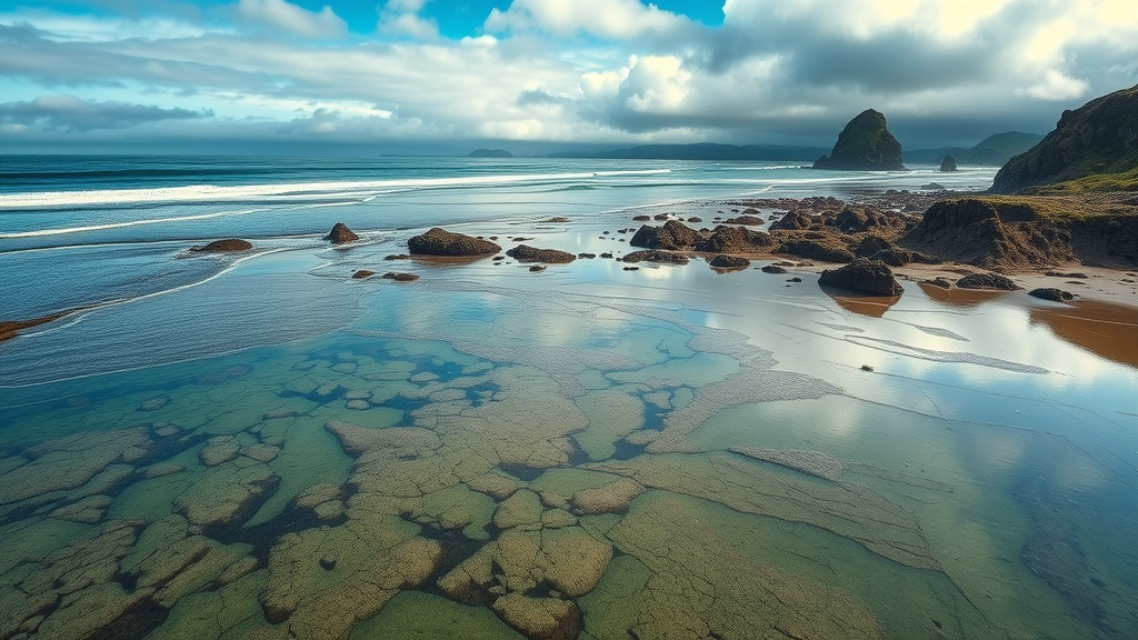 Low tide at Sunset Bay State Park Oregon, exposed tide pools, rocky zones, cool marine colors, dramatic coast, photorealistic