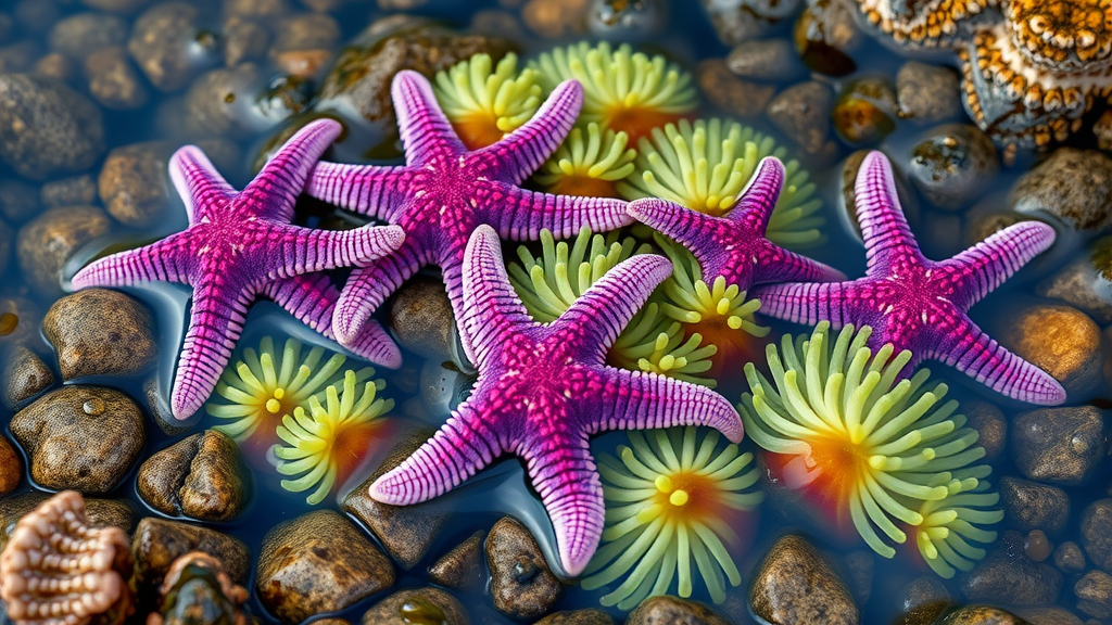 Close-up of purple sea stars and green anemones in a tide pool at Sunset Bay State Park Oregon, vibrant and peaceful, marine life details
