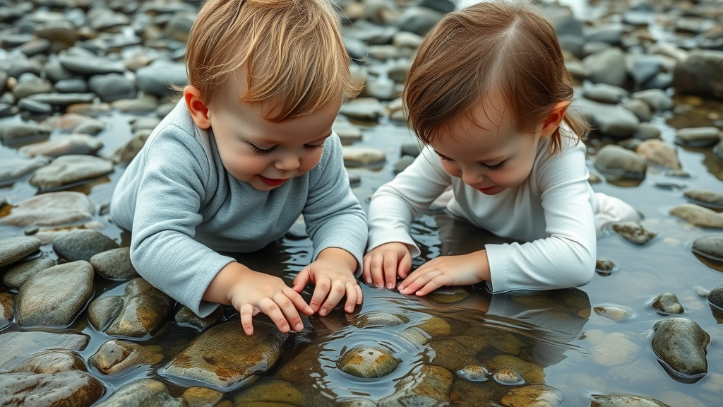 Young child and parent respectfully exploring a tide pool at Sunset Bay State Park Oregon, nature interaction, gentle approach, high detail