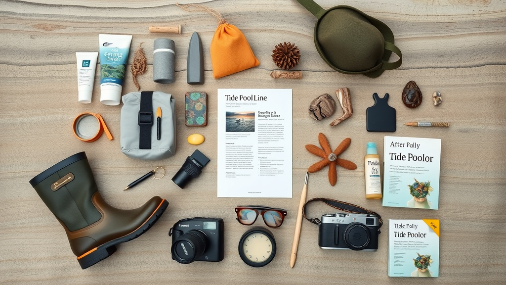 Flat lay of tide pool explorer gear: boots, field guide, magnifying glass, sunscreen, camera for Sunset Bay State Park Oregon