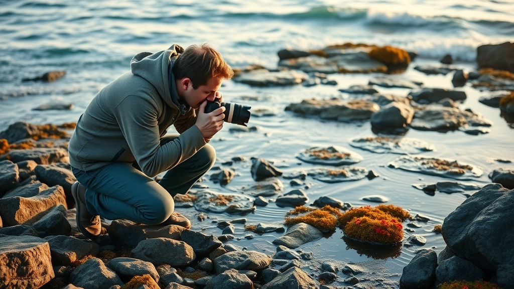 Photographer takes macro shot of tide pool marine creatures at Sunset Bay State Park Oregon, natural light, scenic coastal background