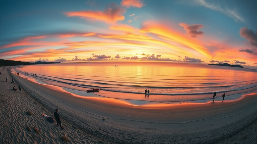 Wide view of Sunset Bay State Park Oregon at dusk, families enjoying beach activities, ocean horizon and glowing sunset, photorealistic peaceful scene