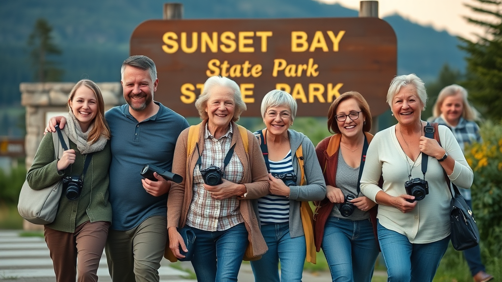 Happy multi-generational family leaving Sunset Bay State Park Oregon, boots and cameras in hand, green nature, Oregon State Park sign, photorealistic scene