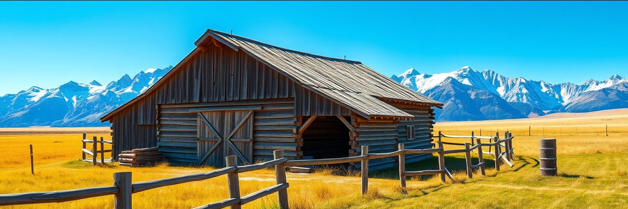 Rustic barn with Grand Teton National Park mountains, sunny and detailed.
