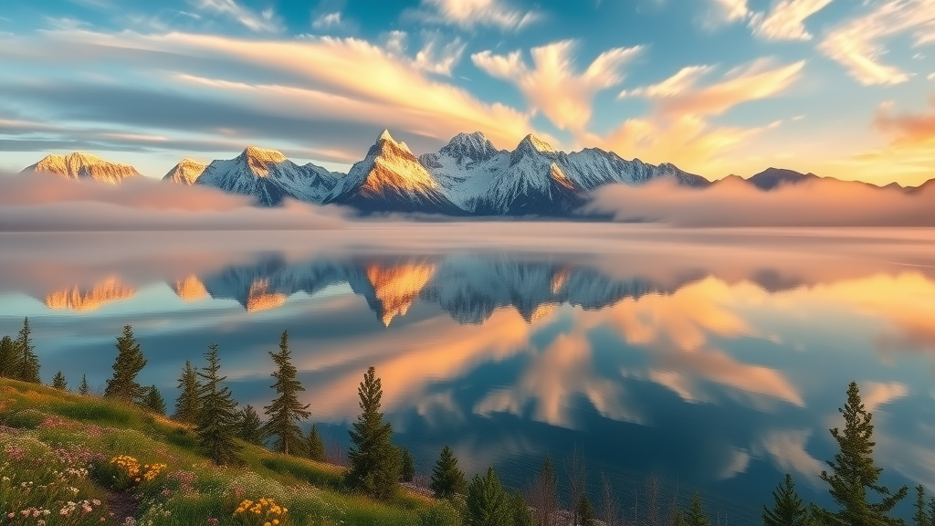 Grand Teton National Park sunrise reflection at Jenny Lake with mist and mountains