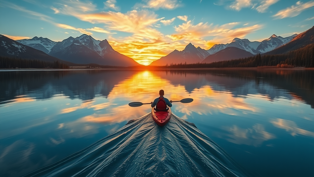 Kayaker on Jackson Lake with Grand Teton National Park sunset reflections