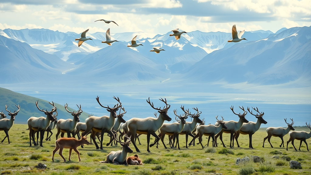 Caribou crossing pure tundra in gates of the arctic national park, Alaska