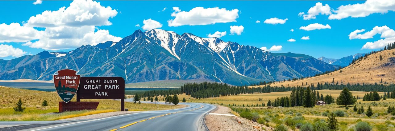 Great Basin National Park entrance sign with mountain backdrop and clear skies.