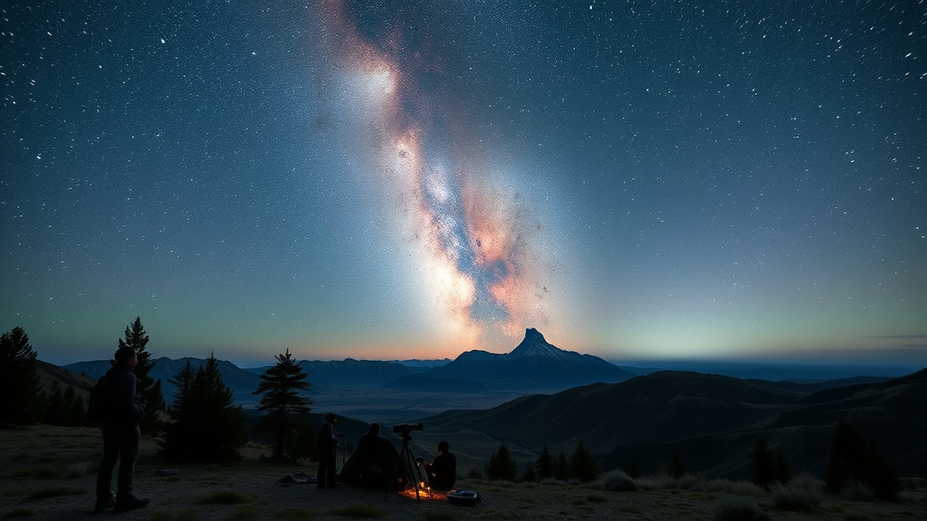 Milky Way and stars over Great Basin National Park with stargazers camping below