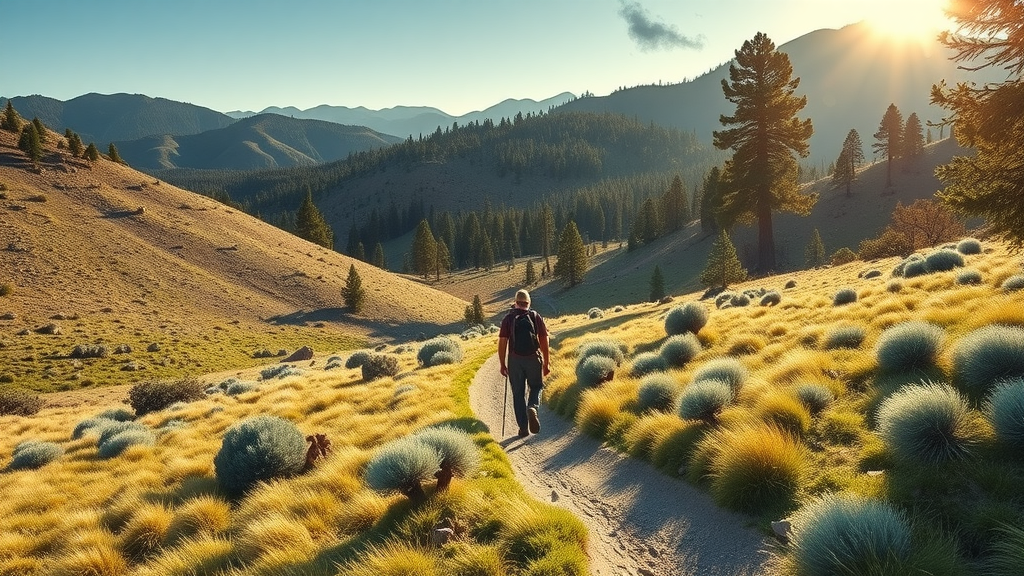 Hiking trail in Great Basin National Park passing sagebrush and ancient pines at sunset