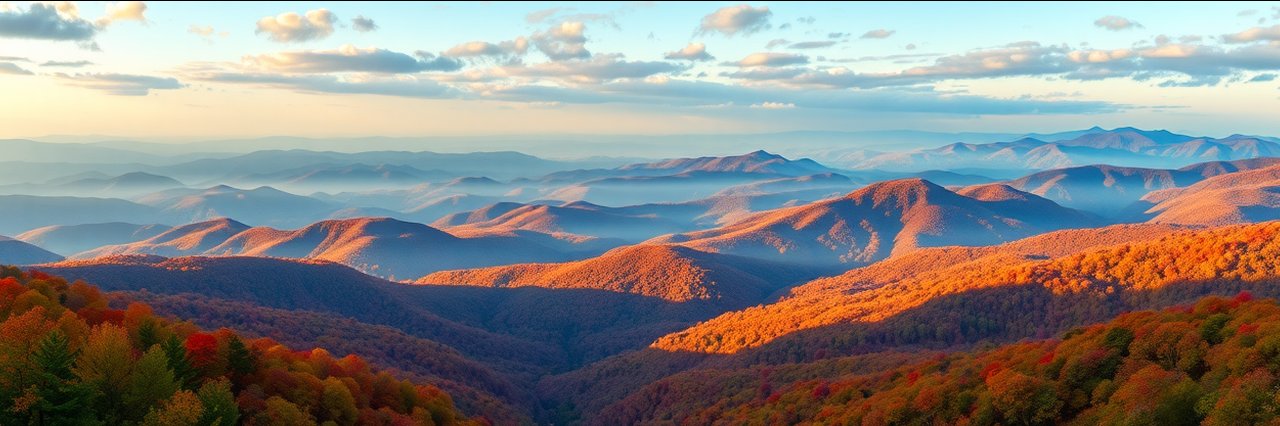 Great Smoky Mountains National Park at sunrise with colorful fall foliage.