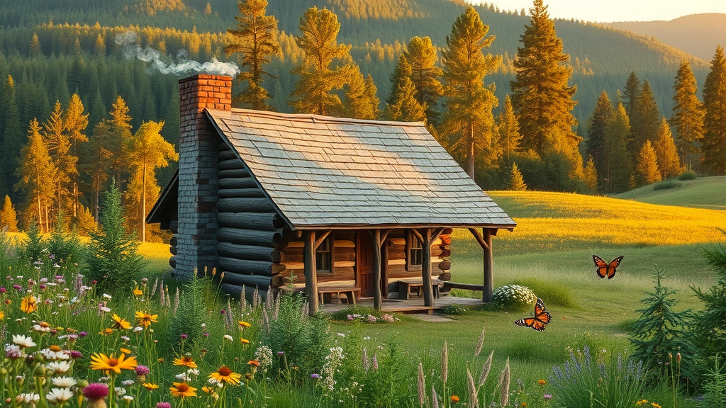 Historic pioneer cabin in wildflower meadow, Great Smoky Mountains