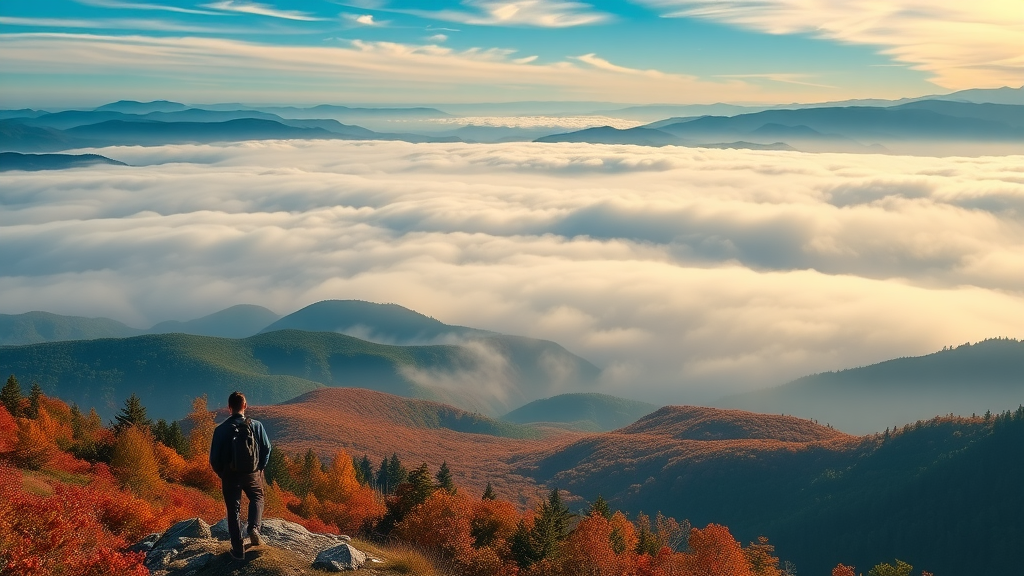 Panoramic view of misty autumn Smoky Mountains with hiker gazing