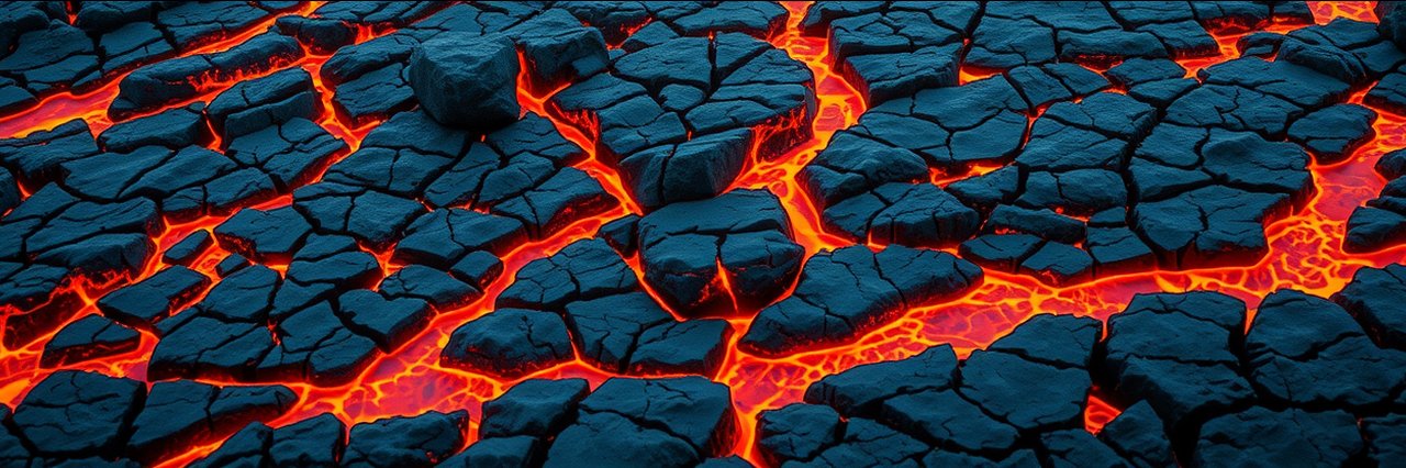 Molten lava flowing over cracked rocks at Hawai