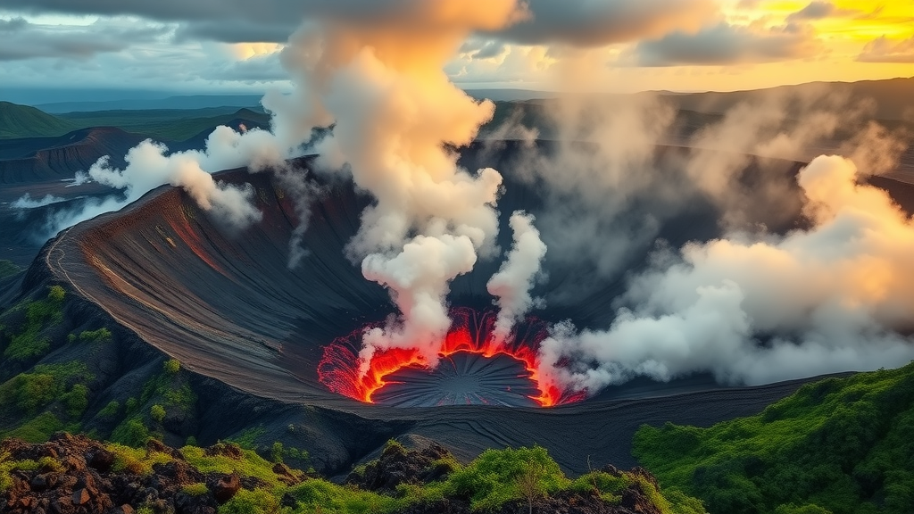 Kīlauea caldera with steam and lava at Hawai