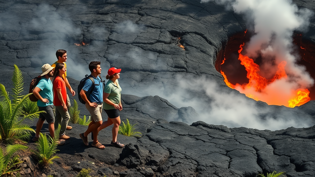 Hikers explore steaming lava flows at Hawai