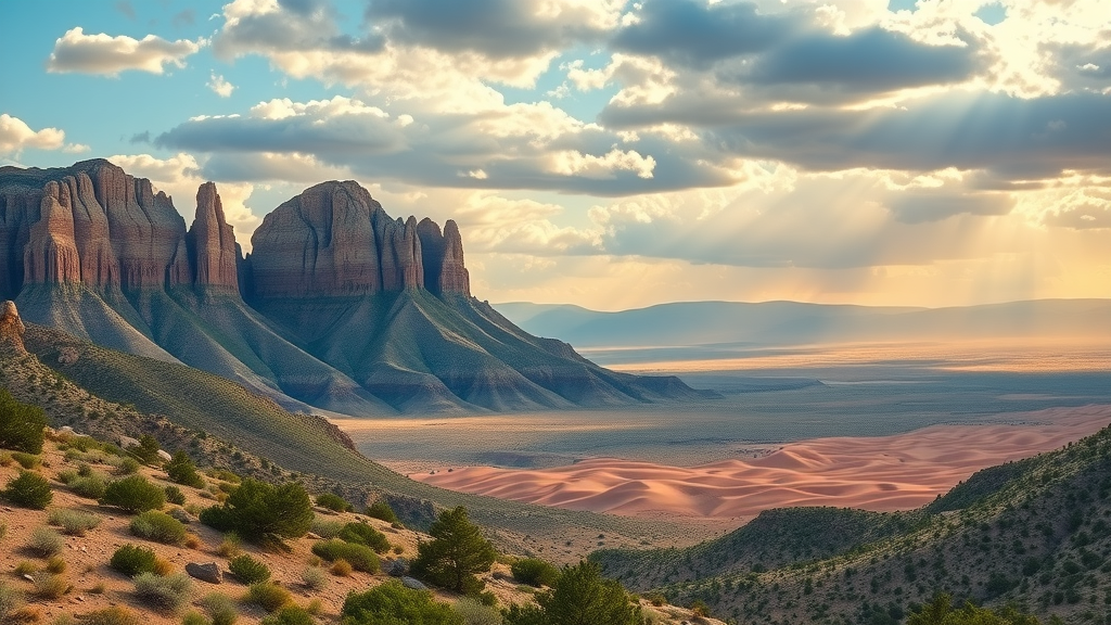 Guadalupe Mountains National Park panoramic view with peaks, desert, and sunbeams