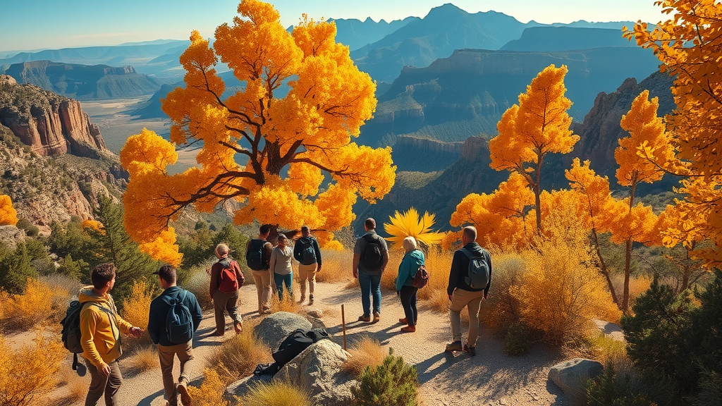 Hikers on autumn trail with colorful foliage in Guadalupe Mountains National Park