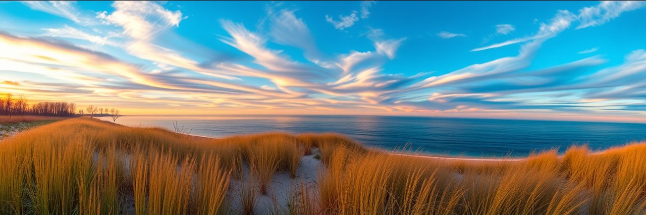 Indiana Dunes National Park sunset over dunes and Lake Michigan shoreline