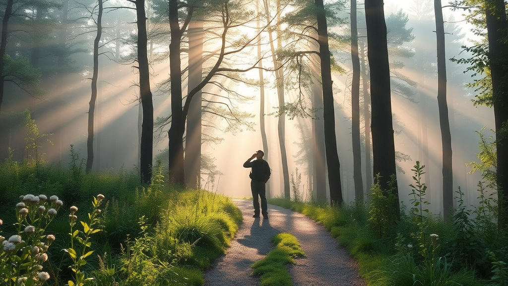 Nature hike in Indiana Dunes National Park misty woodland with birdwatcher
