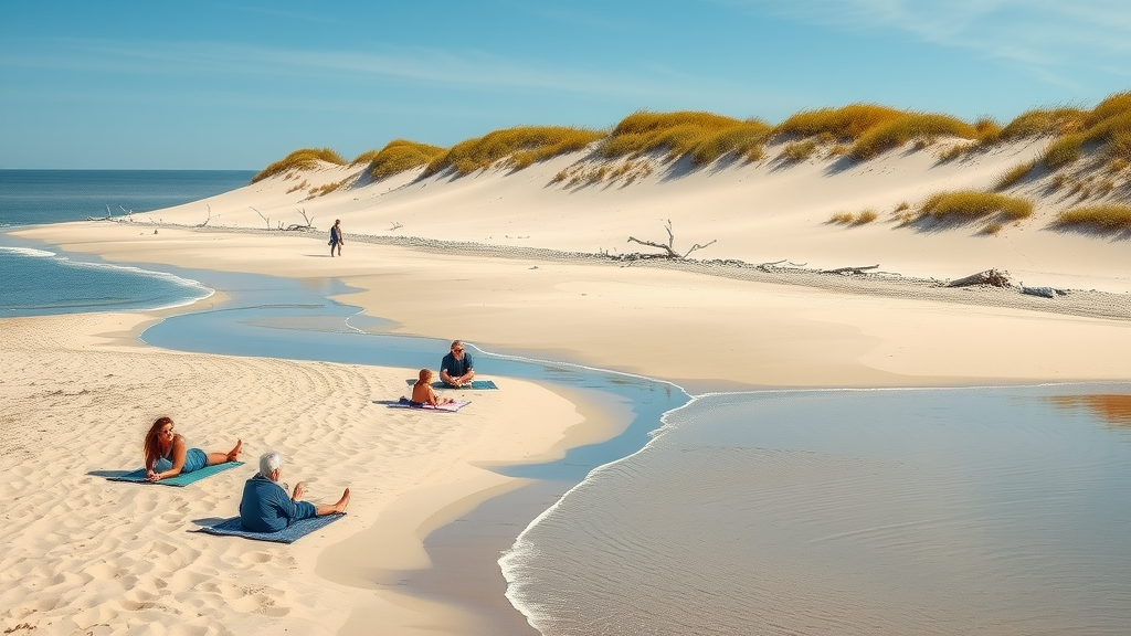 Indiana Dunes National Park beach scene with families, dunes, and Lake Michigan