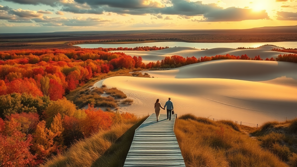 Scenic Indiana Dunes National Park fall foliage, sand dunes, and lakeside boardwalk