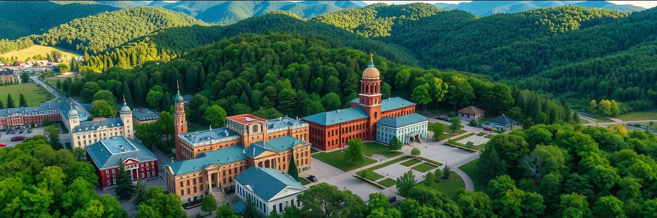 Aerial view of Hot Springs National Park with historic spa buildings nestled in lush green forests.