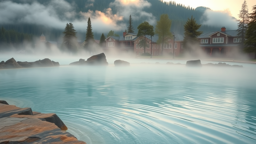 Steamy hot springs in Hot Springs National Park with historic Bathhouse Row at sunrise