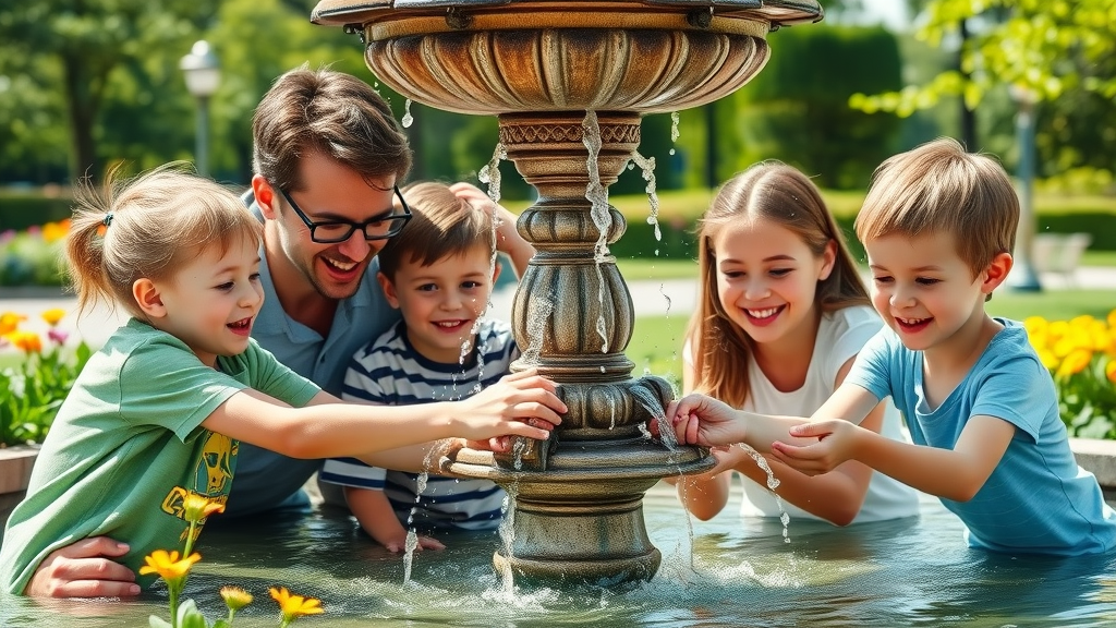 Family enjoying fresh spring water at a historic Hot Springs National Park fountain