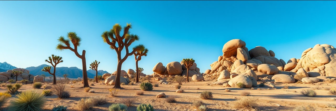Scenic Joshua Tree National Park desert landscape with boulders and clear sky