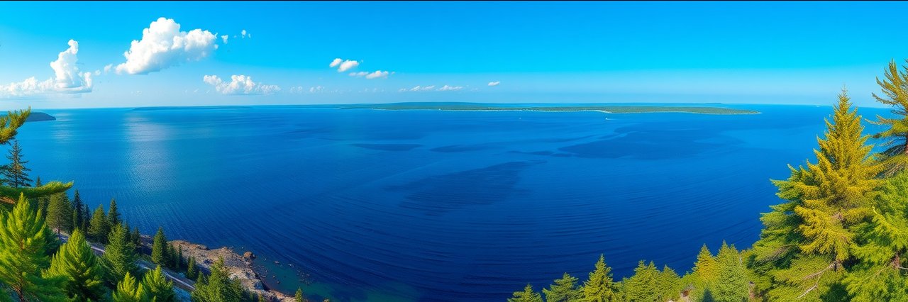Isle Royale National Park rocky shoreline and pine forest by blue lake in summer