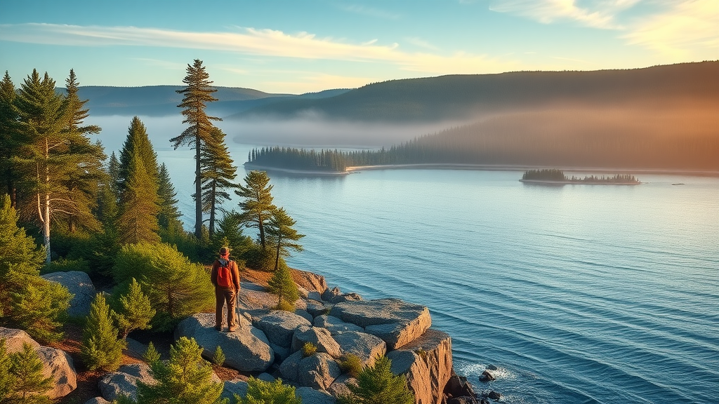 Solitary hiker at Isle Royale National Park sunrise overlooking Lake Superior