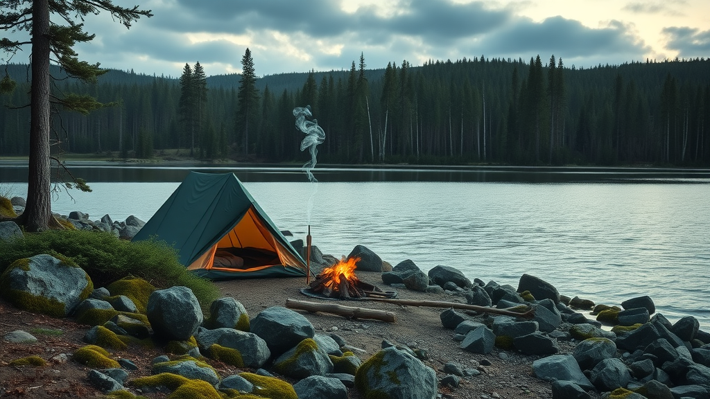 Remote campsite in Isle Royale National Park old-growth forest by quiet lake