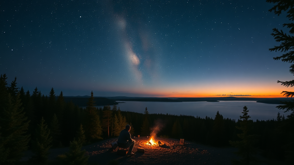 Stargazing camper by fire at Isle Royale National Park lakeshore at night