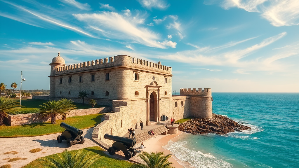 Historic Fort Taylor with cannons overlooking ocean, vibrant parkland and beach