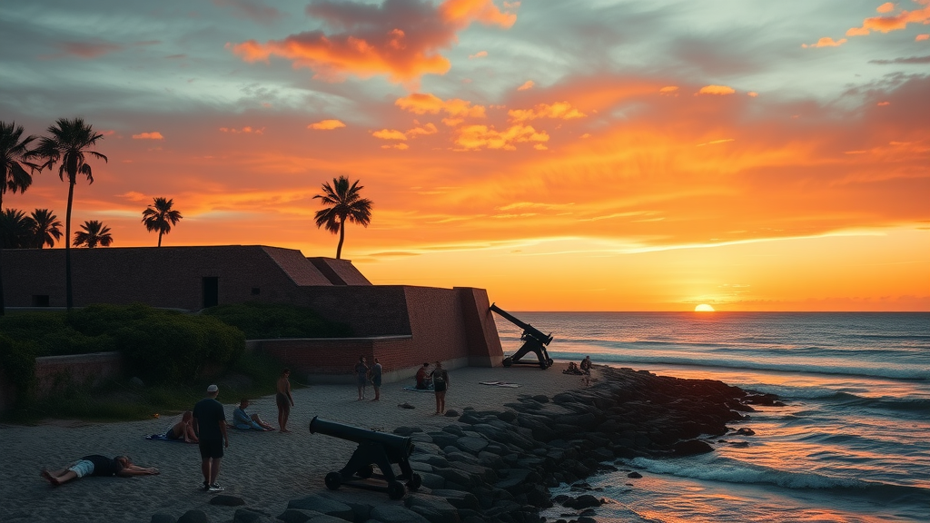 Sunset at Historic Fort Taylor with cannons, brick walls, and Key West beach