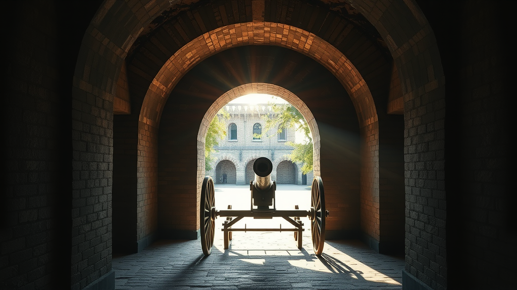 View inside Fort Taylor archway with sunlight on historic cannon and courtyard