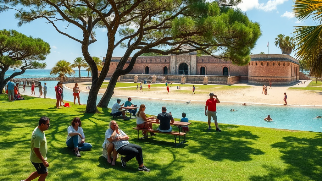 Historic Fort Taylor park with families, beachgoers, woodland trails and ocean view