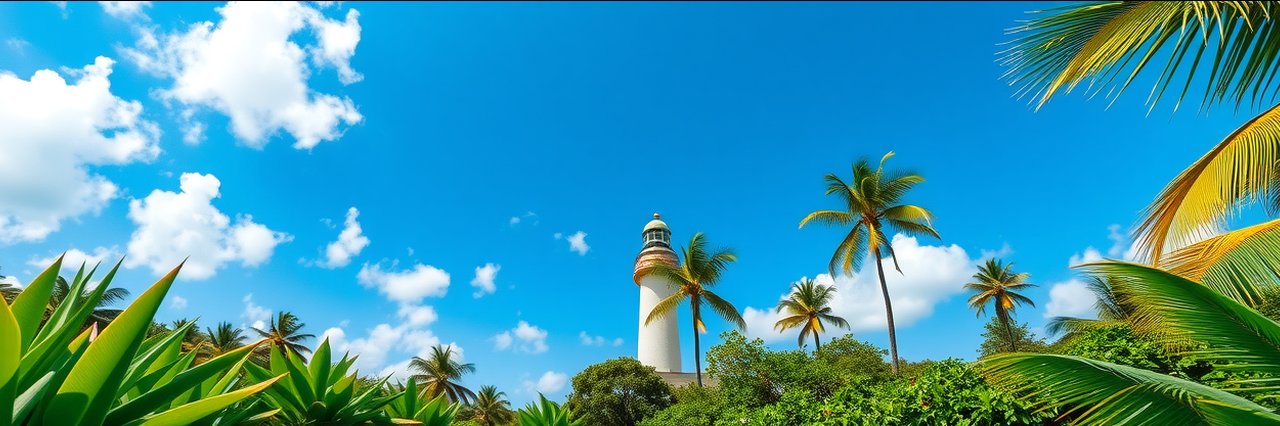 Historic lighthouse in lush coastal greenery under blue sky, wildlife and bird banding environment