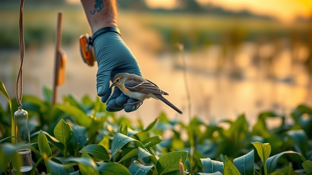 Biologists banding a songbird at sunrise in a vibrant Florida wetland.