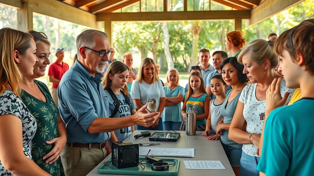 Family learning about bird banding with scientists at Cape Florida State Park.