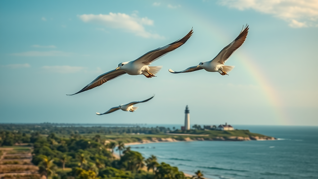 Migratory birds with bands flying over restored Florida coastal habitat.